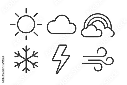 Weather icons set sun cloud rainbow snowflake lightning wind simple line art vector cartoon transparent background ordered collection weather symbols design elements