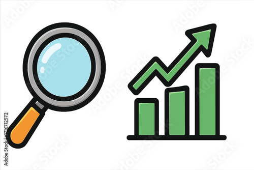 Business analysis icon with magnifying glass and growth chart. Concept for market research, data analytics, financial success, investment progress, and profit increase.