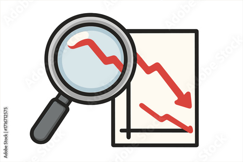 Magnifying glass analyzing a loss chart. Concept of financial crisis, market recession, and business failure. Red downward arrow graph symbolizing decrease and economic decline.