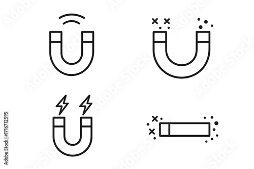 Set of minimalistic line icons of magnet with editable stroke, magnetic force, electromagnetic effect, and cartoon-style vector illustration for design, apps, banners, and posts