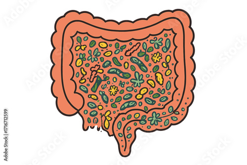 Healthy gut concept. Abstract intestines with microbiota, an ornate pattern of gut flora and good bacteria. Vector hand drawn cartoon illustration for digestive system health.