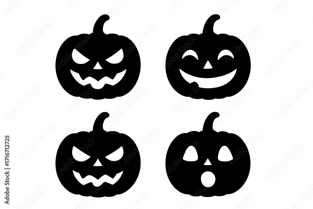 Fototapeta premium Halloween pumpkin face silhouette set. Jack o lantern vector icon collection. Spooky, scary, evil, happy, funny emotion. Black glyph for autumn holiday decoration design.