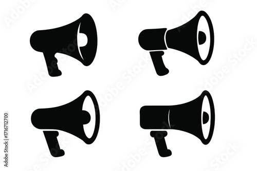 Megaphone icon set vector silhouette. Loudspeaker symbol for announcement, protest, and marketing. Bullhorn graphic for news, alert, and communication. Loud hailer illustration.