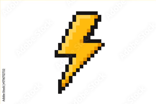 Lightning bolt pixel art icon. 8-bit retro game asset. Electric power flash symbol. Yellow thunder weather sign. Vector illustration for arcade video games. Energy concept.