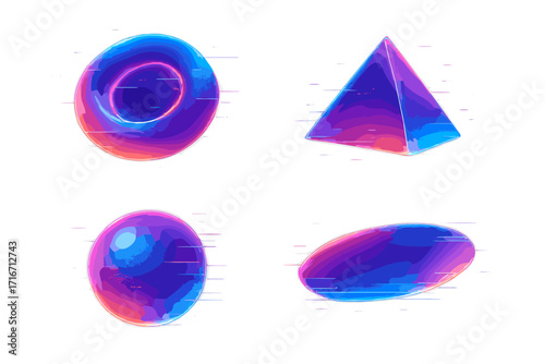 Abstract 3D retro futuristic glowing shapes. Set of cyberpunk neon holographic geometric elements. Digital distorted glitch effect for synthwave or retrowave poster design.