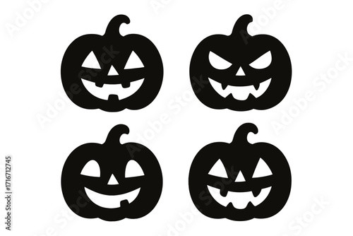 Halloween pumpkin silhouette vector set. Jack o lantern icons with various emotions: scary, evil, happy. Spooky autumn holiday decoration elements. Black shape stencil design.
