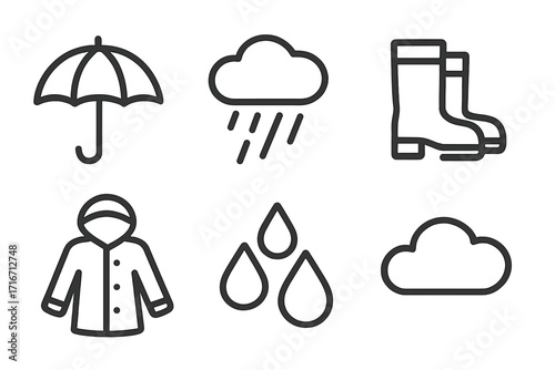 Modern minimalist coffee icon set featuring breakfast essentials with umbrella, rain cloud, rain boots, raincoat, raindrops, and cloud vector illustrations for weather and lifestyle themes