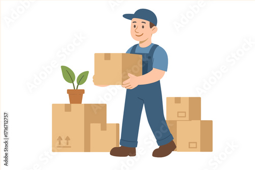 Man worker in uniform with cardboard boxes. Moving office or home concept. Transport company loader carrying packages. Relocation and delivery moving service vector illustration.