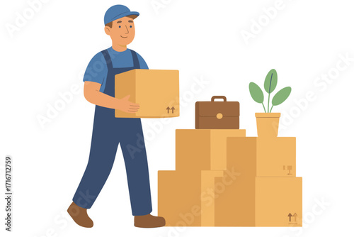 Man worker in uniform with cardboard boxes. Moving office concept. Transport company loader character carrying a box. Relocation or moving service for corporate business.