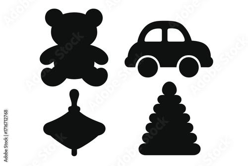 Silhouette icons of classic childhood toys, teddy bear, toy car, spinning top, stacking rings, playful vintage kids toys, vector cartoon illustration set with transparent background