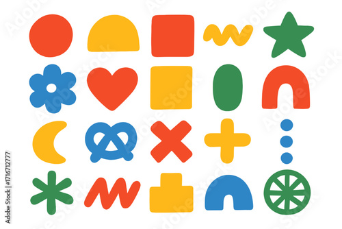Big set of naive playful shapes. Brutalist geometric forms collection. Vector cartoon illustration of abstract basic elements. Modern simple colorful figures for kids design.