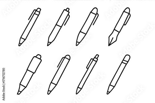 Pen and pencil line icon set. Minimalist office supplies pictogram collection. Editable stroke vector for writing, drawing, education. Stationery and school symbols for UI design.