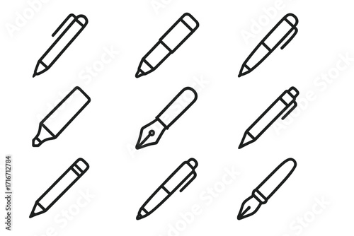 Pen line icon pack. Editable stroke vector set. Minimalistic linear pictograms for design. Office and school supplies, writing tools. Marker, pencil, fountain pen icons.
