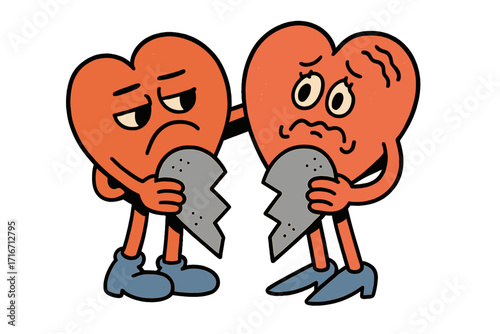 Broken heart couple mascot characters. Sad groovy retro style anti-valentine's day illustration. Breakup, divorce, relationship problem concept. Unhappy love, friendship support.