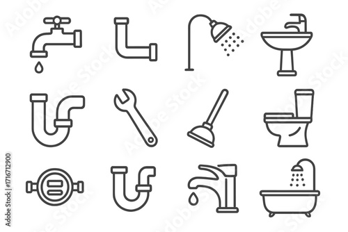 Plumbing and Faucet Icon Set for Bathroom UI, Placards, Books, and Apps. Editable Stroke Vector Illustration of Bathroom Fixtures, Shower, Sink, Toilet, Pipes, Wrench, and Plunger