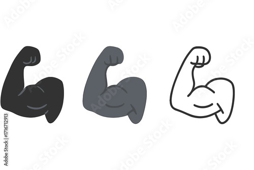 Biceps muscle arm icon set. Strong flex power symbol. Fitness gym workout concept. Bodybuilding sport vector illustration. Healthy lifestyle. Silhouette, flat, line art styles.