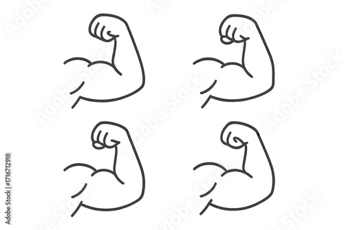 Muscle icon set. Biceps symbol collection. Arm flex power concept. Strong fitness and gym sign. Bodybuilding sport pictogram. Linear outline vector cartoon illustration.