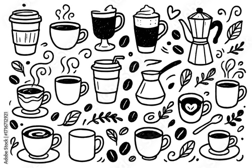 Big set coffee doodle icons. Hand drawn vector illustration collection. Sketch coffee to go, take away cups, pots, beans. Cafe menu design elements. Breakfast hot drink symbols.