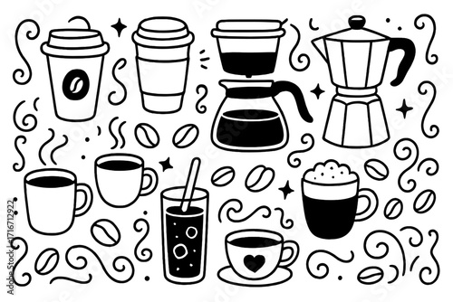 Coffee doodle icon set. Hand drawn black and white vector illustrations. Collection of cafe elements like to-go cup, mug, moka pot, beans, latte, iced coffee, breakfast drink.