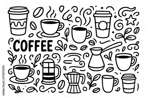 Coffee doodle icon set. Hand drawn black and white line art vector illustrations. Big collection of coffee to go cups, moka pot, french press, beans and lettering elements.