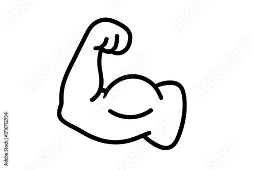 Muscle icon, biceps symbol for fitness and gym. Strong arm flexing, power and strength concept. Bodybuilding and workout vector illustration. Simple minimal line art cartoon.