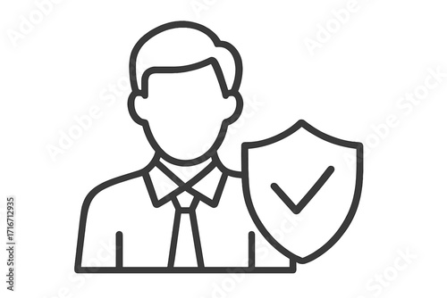 Employee protection and business insurance icon. User data security and safety symbol. Man with shield and checkmark. Personal guard. Corporate reliability and trust concept.