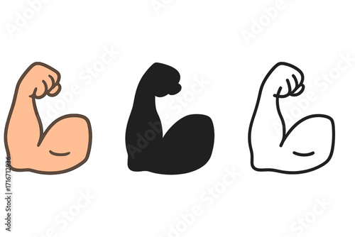 Muscle icon biceps symbol set. Flex arm for power, fitness, and strength concept. Bodybuilder and strong man cartoon vector. Gym workout logo in flat and line style.