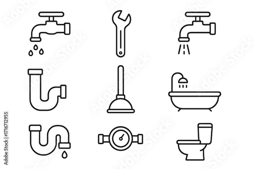 Plumbing service line icon set. Bathroom fixtures and tools. Faucet, pipe, toilet, wrench, plunger, bathtub vector icons. Editable stroke pictogram for web and apps.