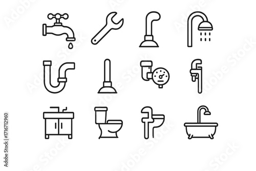 Plumbing and Bathroom Line Icons Collection, Faucet, Shower, Wrench, Pipe, Toilet, Sink, Adjustable Wrench, Pressure Gauge, Plunger, Vector Editable Stroke, Web, App, Card Design