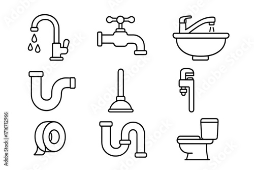 Plumbing line icon set for bathroom and kitchen. Vector graphic collection of sanitary fixtures. Faucet, sink, toilet, pipes, plunger, wrench. Editable stroke icons.