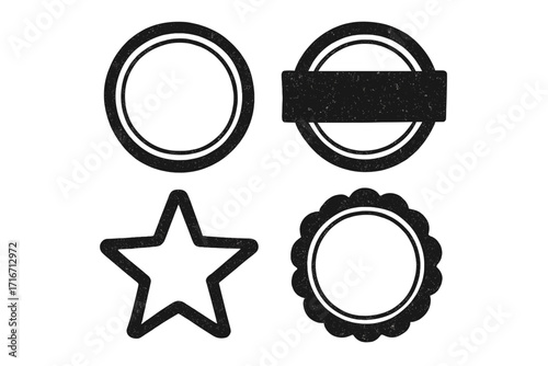 Vector set of grunge rubber stamp badges. Collection of retro insignia labels with vintage distressed texture. Empty frames including circle, star, and banner shapes.