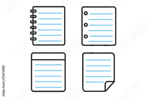 Notebook paper icon set. Lined notepad and document page vector illustration. Spiral notebook, memo pad, and loose leaf paper sheet template for writing or education concepts.