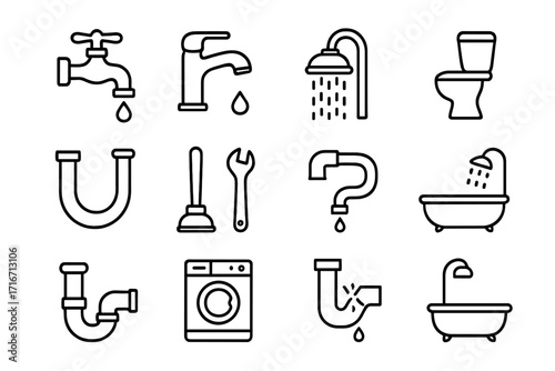 Plumbing service line icon set. Plumber repair & bathroom fixtures. Faucet, shower, toilet, pipe leak, plunger, wrench. Editable stroke vector outline symbols for web.