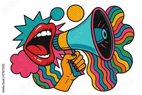 Pop art shouting mouth and hand with megaphone. Loudspeaker announcing crazy promotions. Retro comic style vector illustration. Psychedelic 80s, 90s groovy design.
