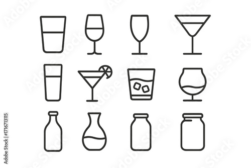 Set of glassware line icons with editable stroke for design, websites, apps, cards, featuring glass jars, bottles, drinkware and cocktails, vector linear illustration