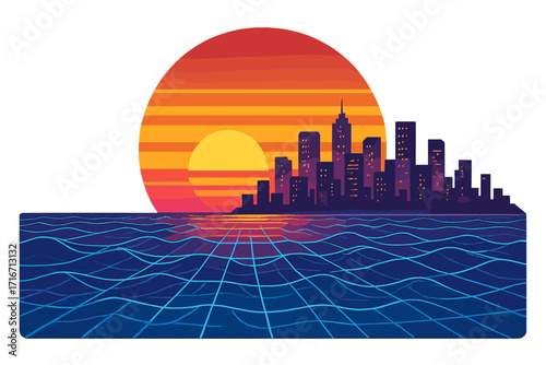 Retro futuristic 80s synthwave city skyline at sunset over a digital sea grid. Cyberpunk landscape background. Vector graphic for music cover art or a poster template.