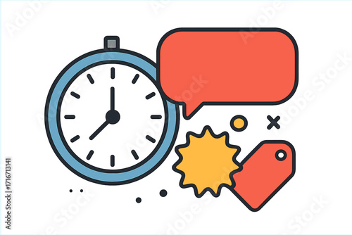 Limited time offer promotion banner concept. Clock timer icon for deadline sale. Special discount announcement with price tag and speech bubble. Flat vector cartoon illustration.