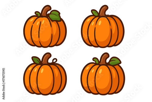 Set of cute cartoon pumpkin icons for autumn decoration. Vector illustration. Simple flat gourd and squash for fall harvest, Halloween, and Thanksgiving design. Healthy vegetable food.