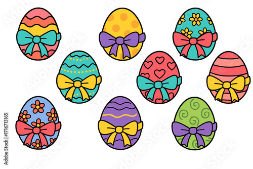 Colorful Easter eggs set with bows. Cartoon vector illustration of decorated eggs with ornaments. Spring holiday collection for greeting cards, decoration. Happy Easter doodle elements.