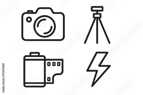 Linear photography icons set with camera, tripod, film roll, and flash symbols vector illustration, minimalistic design for photo equipment, media, and creative projects