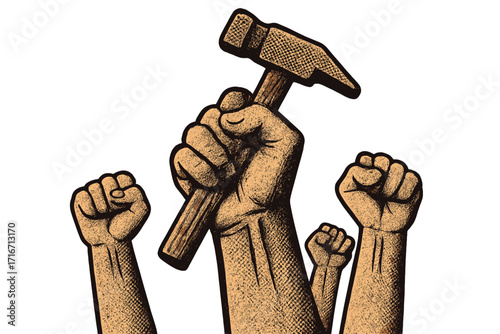 Raised fist holding hammer. Symbol of protest, revolution, and workers' rights. Vector illustration of power, strength, and solidarity. Labor union activism propaganda art.