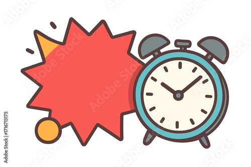 Alarm clock with speech bubble for promotion. Last minute offer, sale countdown timer concept. Deadline, limited time deal announcement. Flat vector icon illustration.