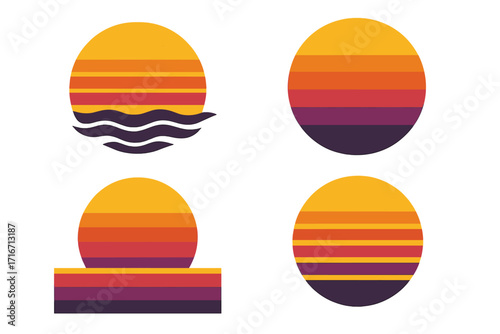Retro sunset collection. Set of vintage suns in 80s and 90s style. Vector illustration for logo or icon. Abstract geometric synthwave circular design element with waves.