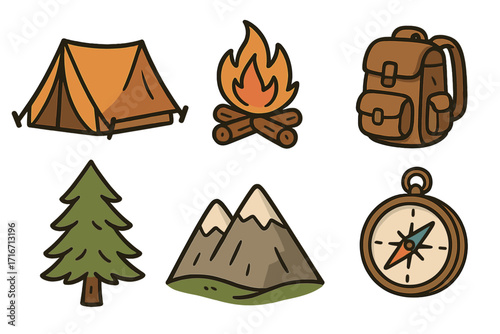 Camping icon set for outdoor adventure. Cartoon doodles of tent, campfire, backpack, mountain, tree, compass. Hiking, travel, trekking and expedition concept. Nature survival gear.