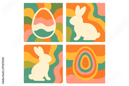 Groovy Easter greeting cards set with bunny and egg silhouettes. Retro 70s style spring backgrounds. Simple flat vector illustration for holiday design and decoration.