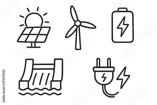 Renewable energy doodle icon set. Green power concepts like solar panel, wind turbine, hydro dam, and battery storage. Vector cartoon illustration for sustainability and ecology.