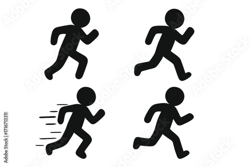 Running man icon set. Simple black silhouette of a person running, jogging and sprinting. Stick figure pictogram for fitness, sport logo, marathon or active lifestyle.