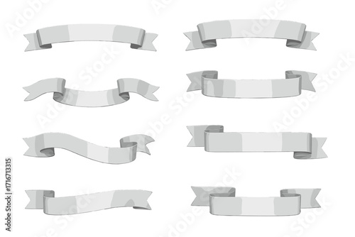 Silver ribbon banner vector set. Collection of shiny metallic grey banners and scrolls. Blank decorative label elements for celebration, award or announcement. Classic 3D design.