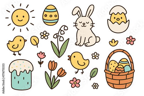Cute Easter doodle set with kawaii rabbit, chick, egg hunt basket, spring flowers, and sun. Hand drawn cartoon holiday celebration elements. Vector clipart bundle collection.