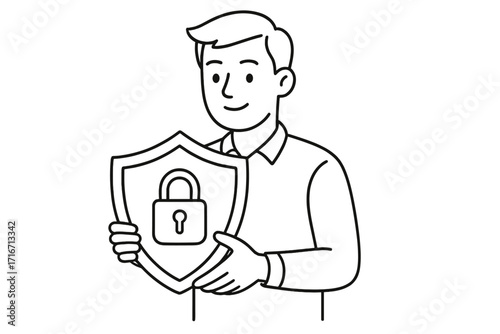 Cybersecurity concept with man holding shield and lock icon. Data protection and internet privacy metaphor. Secure network connection. Antivirus software symbol for safety.